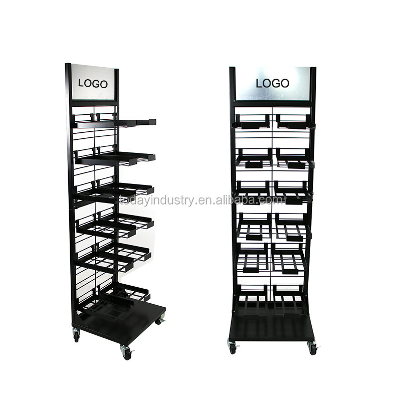 Floor standing 4 tier customized vinyl roll bread candy food gum cookies display metal rack with basket