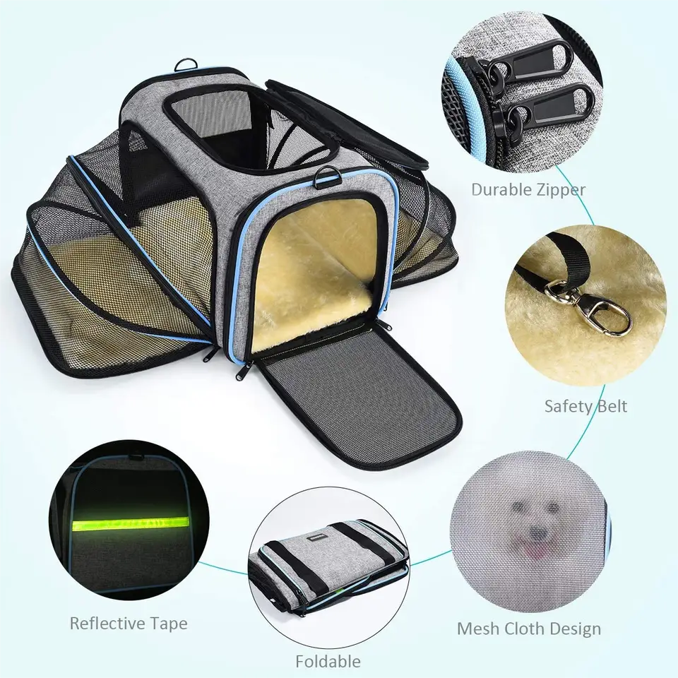 Folding Fabric Pet Carrier Airline Approved Expandable Foldable Soft-Sided Cat Dog Carrier Pet Travel Bag Safe