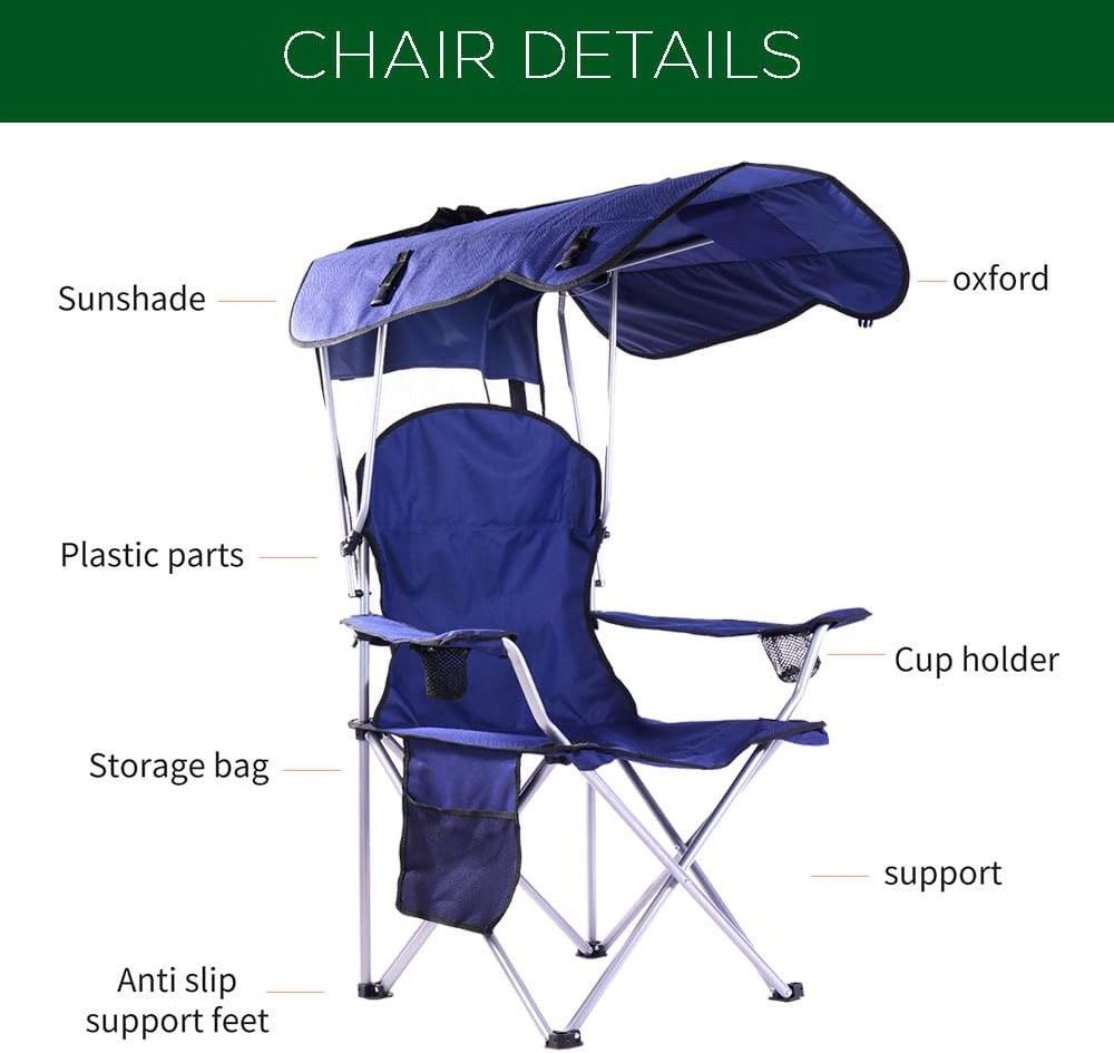 Folding Camping Chair with Canopy Sunshade Portable Beach Chairs Heavy Duty Lawn Chair for Outdoor Fishing Picnic Garden Patio