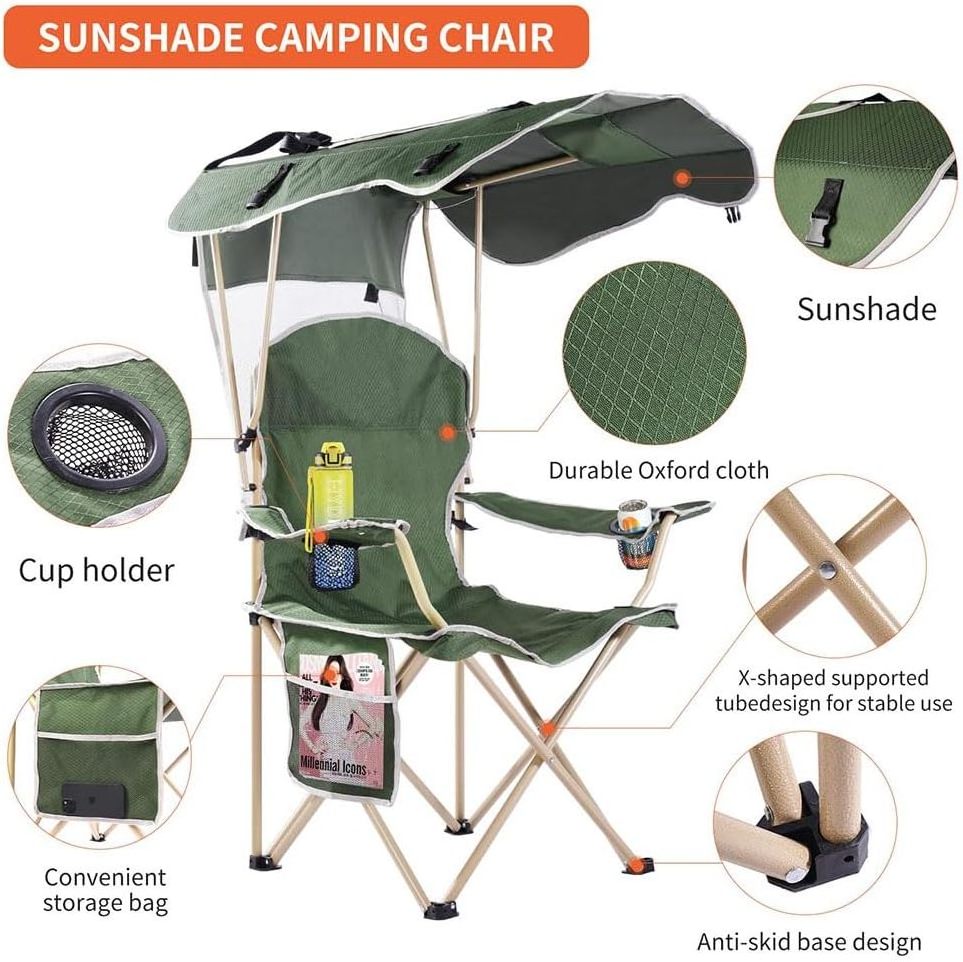 Folding Camping Chair with Canopy Sunshade Portable Beach Chairs Heavy Duty Lawn Chair for Outdoor Fishing Picnic Garden Patio