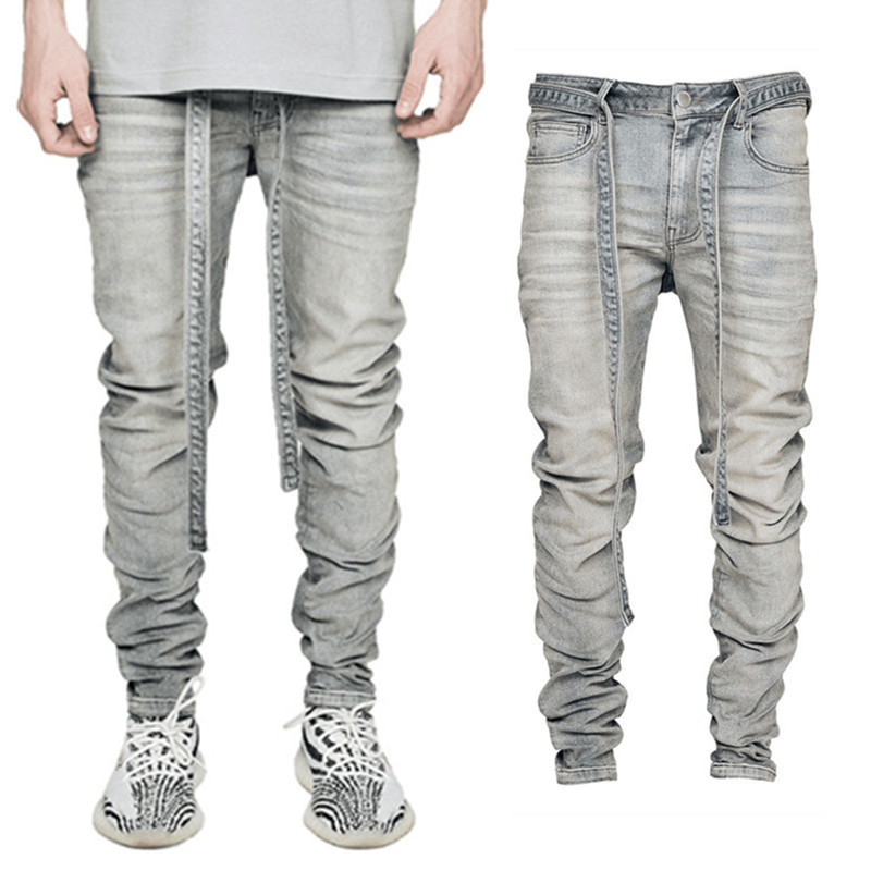 High quality elastic simple men's grey perforated zipper Ribbon washed elastic Slim Fit Jeans