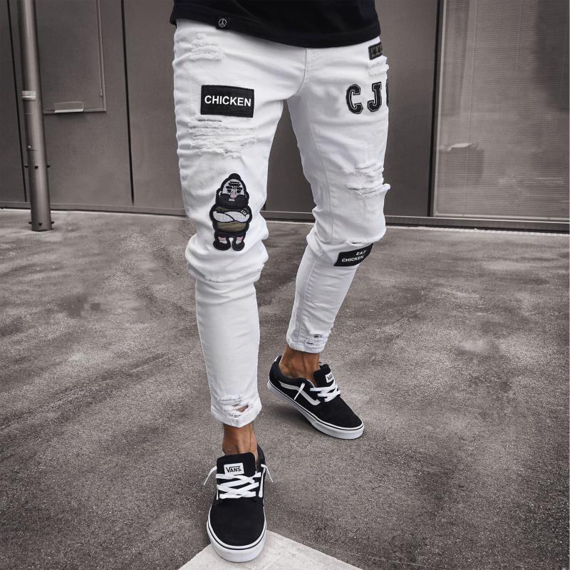 2021 Europea high wist men's  patch jeans  tapered wrinkle fashion denim pants