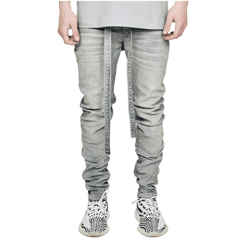 High quality elastic simple men's grey perforated zipper Ribbon washed elastic Slim Fit Jeans