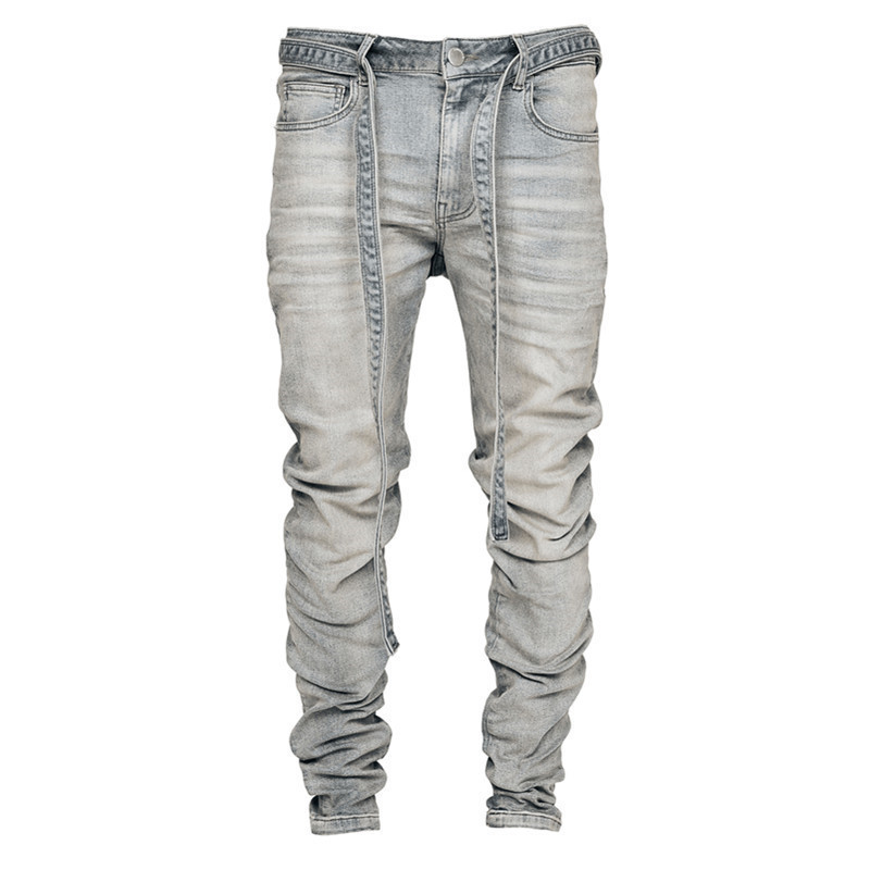 High quality elastic simple men's grey perforated zipper Ribbon washed elastic Slim Fit Jeans