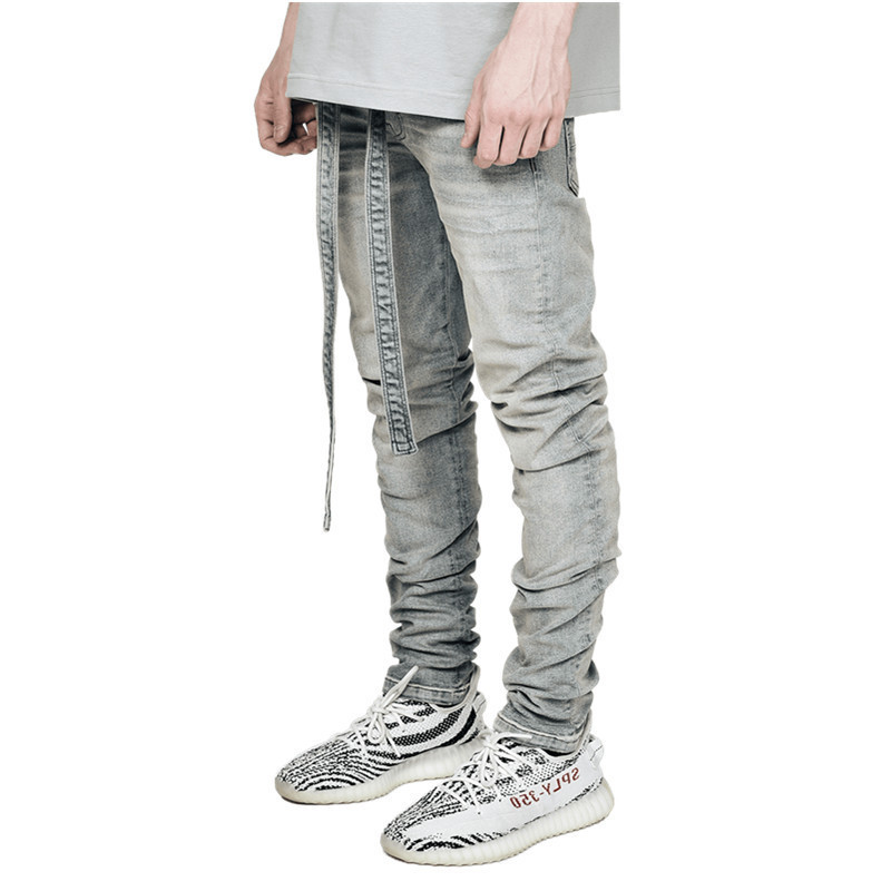 High quality elastic simple men's grey perforated zipper Ribbon washed elastic Slim Fit Jeans