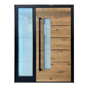 TOFINE Modern Metal Exterior External Outdoor Front Steel Wooden Grain Glass Design Front Entry Doors For Houses