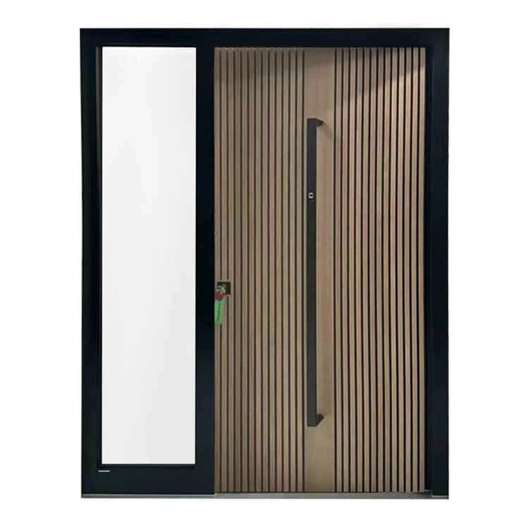 TOFINE Modern Metal Exterior External Outdoor Front Steel Wooden Grain Glass Design Front Entry Doors For Houses