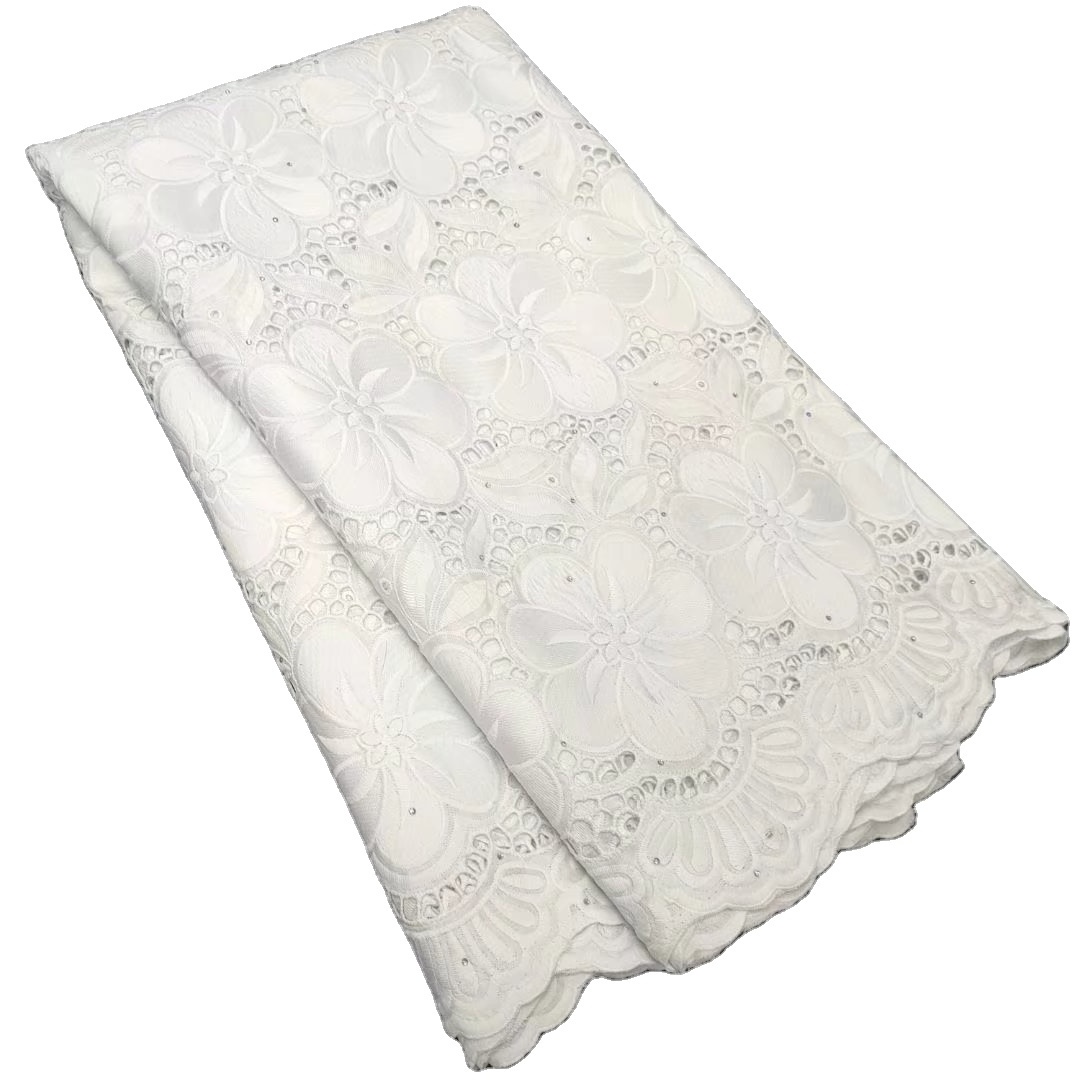 Popular nigeria swiss voile cotton lace high quality cotton lace with stones pure white swiss lace