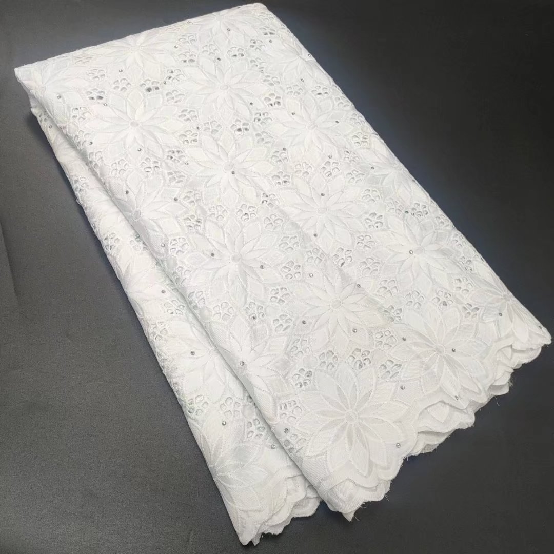 Popular nigeria swiss voile cotton lace high quality cotton lace with stones pure white swiss lace