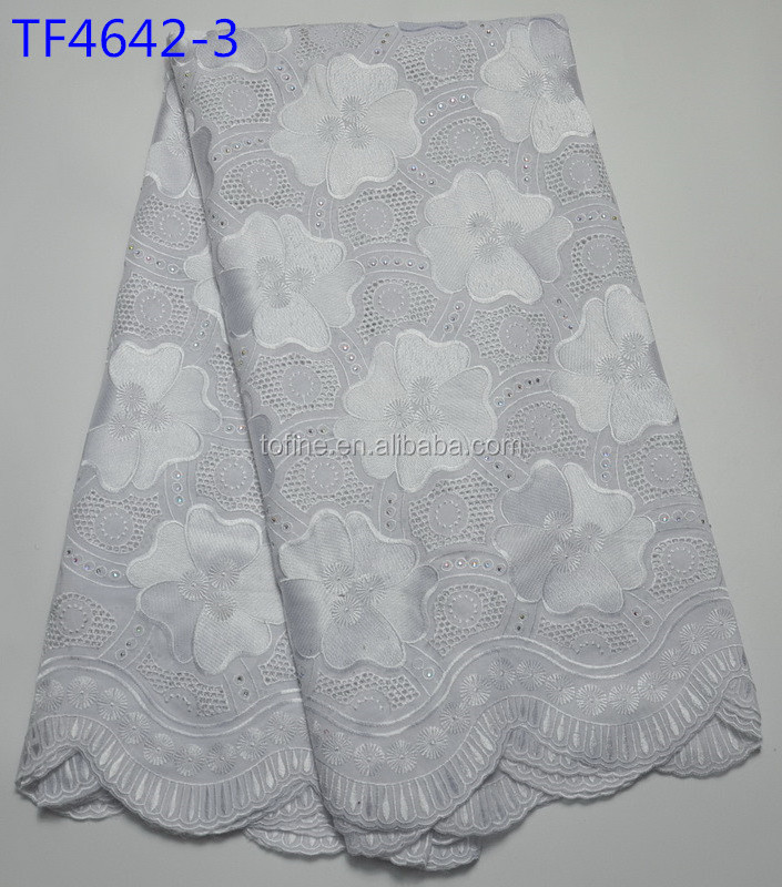 New arrival white african lace fabrics high quality african swiss voile lace with stones for wedding dress