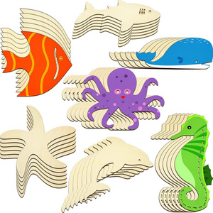 Unfinished Wooden Craft Paint Cut Outs Art Craft DIY Kids Toys With Ocean Animals Fishes