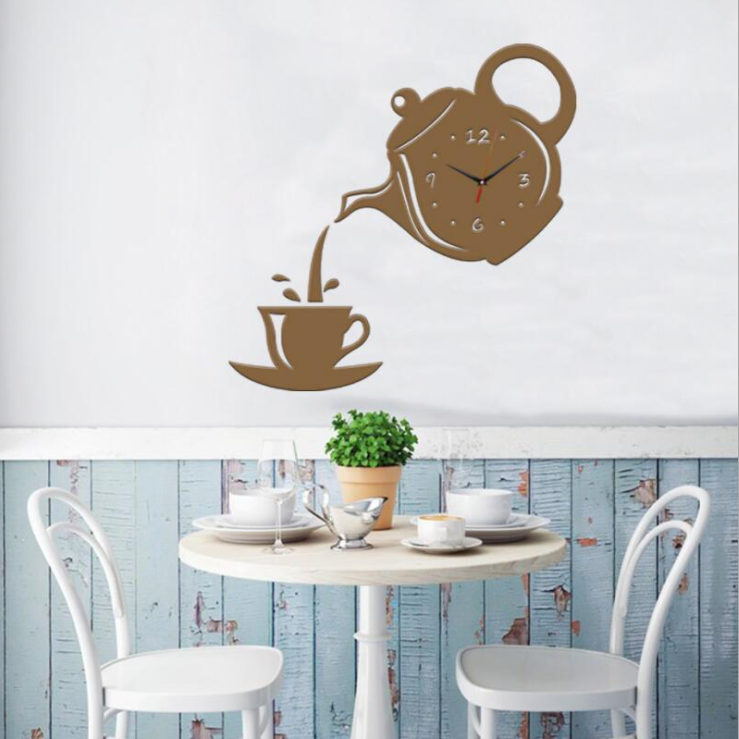 Acrylic Mirror Modern Kitchen Home 3D DIY Teapot Sticker Room Decor Decorative Quartz Clock