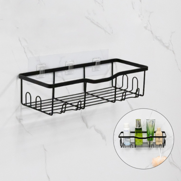 Metal black Adhesive No Drilling Bathroom shelf Adhesive Shower Storage Rack with Soap Razor Holder