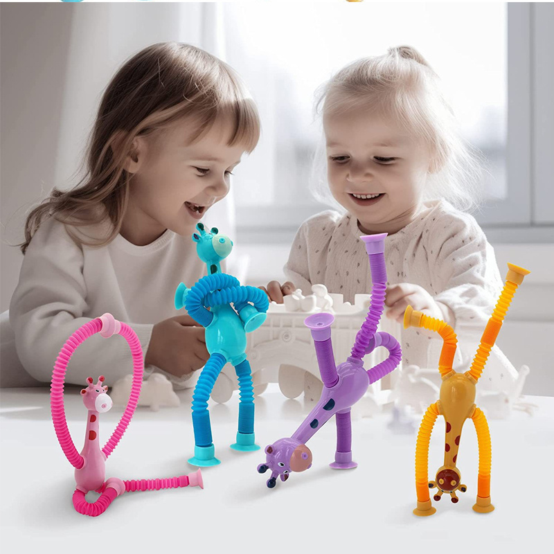 Creative Fun Telescopic Giraffe Suction Cup Toy LED Light Up Plastic Pop Tubes Fidget Toys