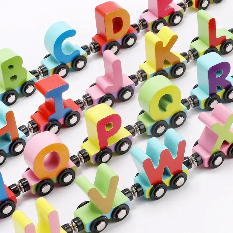 27pcs Wooden Alphabet ABC Train Toy Wooden Magnetic Digital Train Set for Toddlers Compatible with Major Brands Train Set Tracks