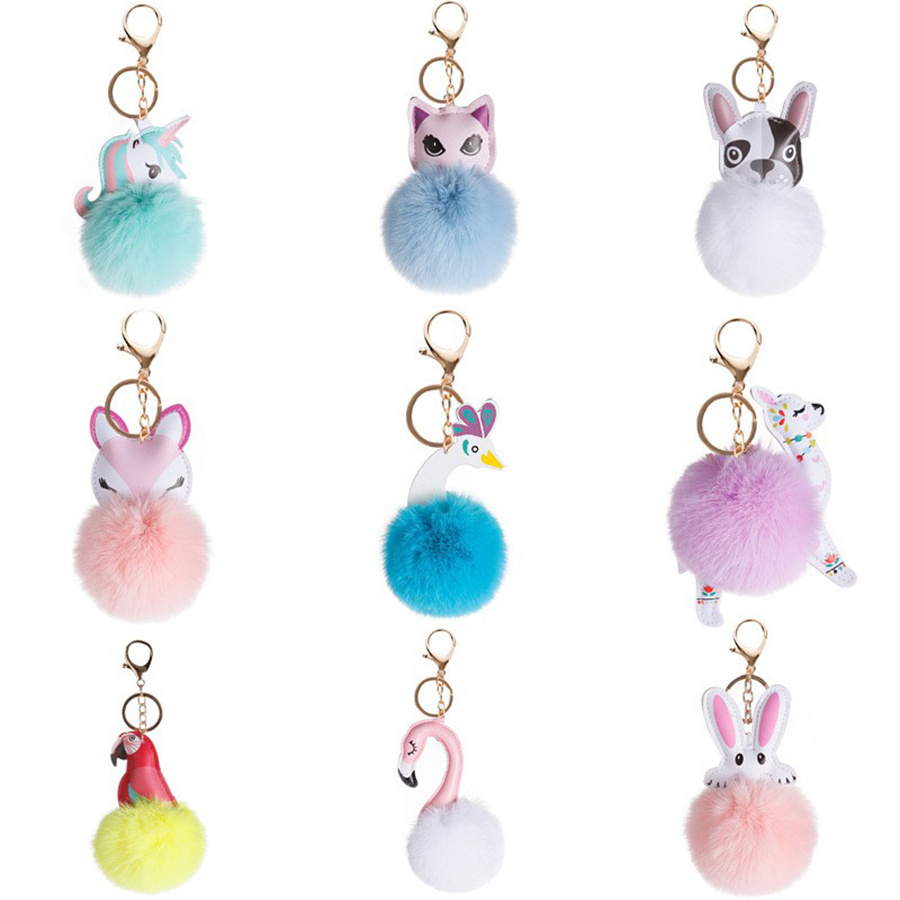 Pom Pom Keychain 10CM Colored Bulk Fluffy Fur Puff Ball Key For Women PomPom Keychains woodpecker Pompoms Keyring