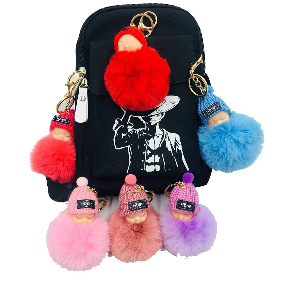 Cute 8CM Sleeping Baby Doll Keychain Pompom Rabbit Fur Ball Key Chain Fluffy Car Keyring Bag Charm Gift Plush Fur Keychain