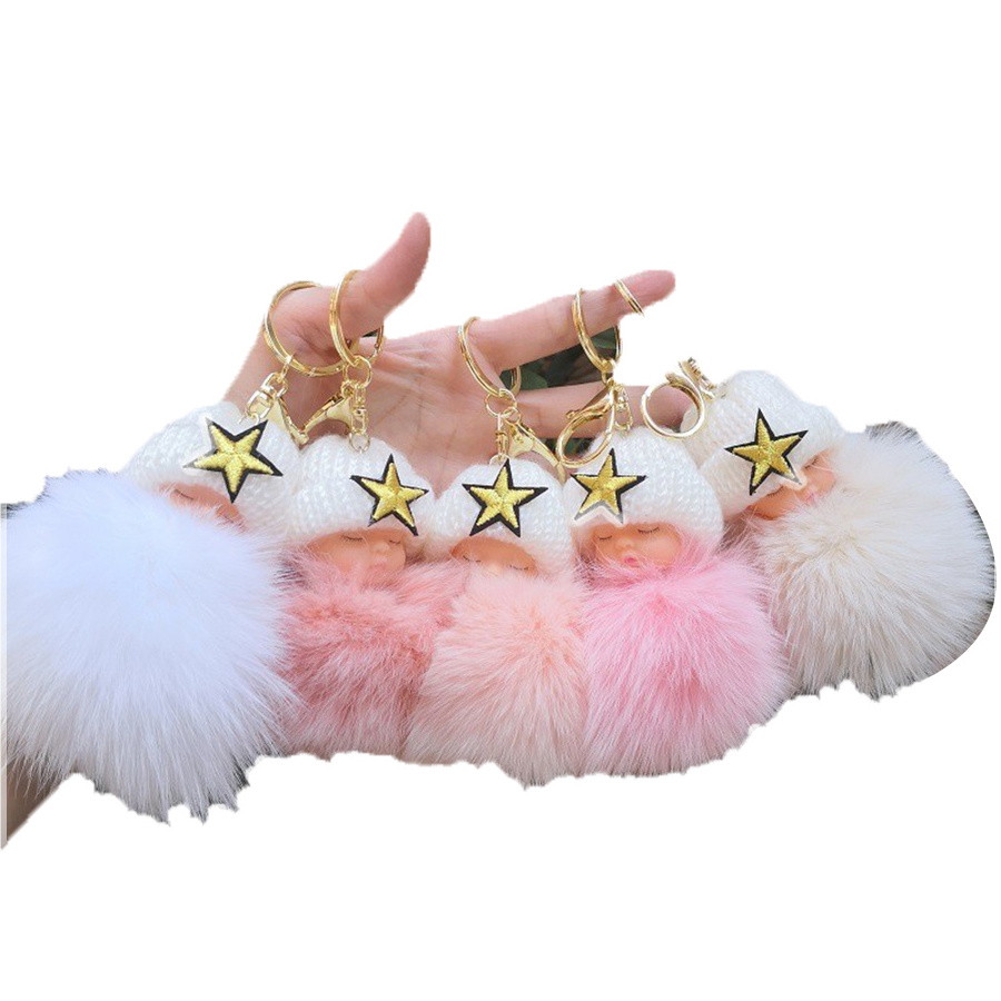 Cute 8CM Sleeping Baby Doll Keychain Pompom Rabbit Fur Ball Key Chain Fluffy Car Keyring Bag Charm Gift Plush Fur Keychain