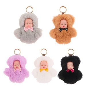 Cute 8CM Sleeping Baby Doll Keychain Pompom Rabbit Fur Ball Key Chain Fluffy Car Keyring Bag Charm Gift Plush Fur Keychain