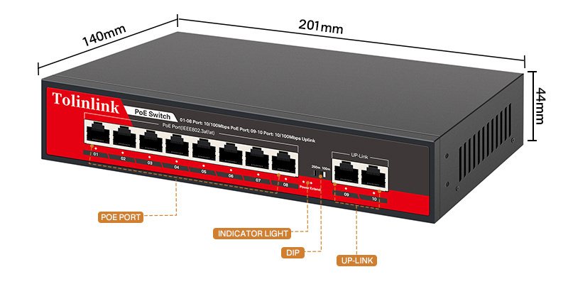 Tolinlink Poe 8 Port 100M   Switch with 2 Port 100M Uplink Ethernet POE Network Switch   Internal Power 96W