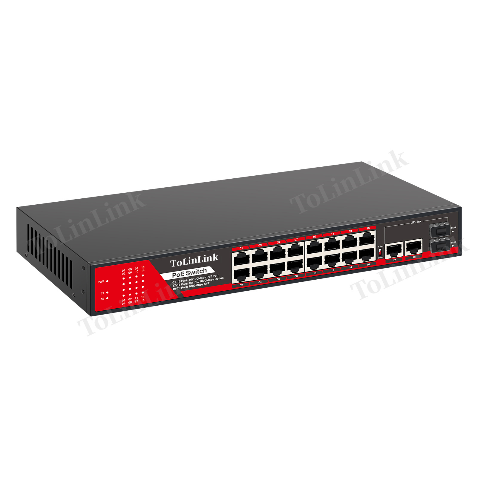 Tolinlink All Gigabit 16 10/100/1000Mbps PoE Ports 2 GE RJ45 Uplink 1 GE SFP Slot Switch PoE for CCTV PoE Ethernet Switch