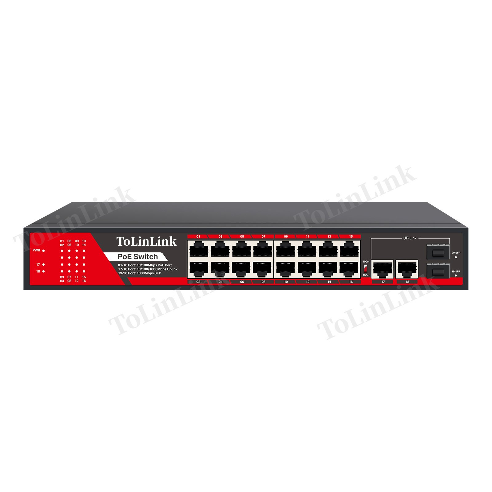 Tolinlink All Gigabit 16 10/100/1000Mbps PoE Ports 2 GE RJ45 Uplink 1 GE SFP Slot Switch PoE for CCTV PoE Ethernet Switch