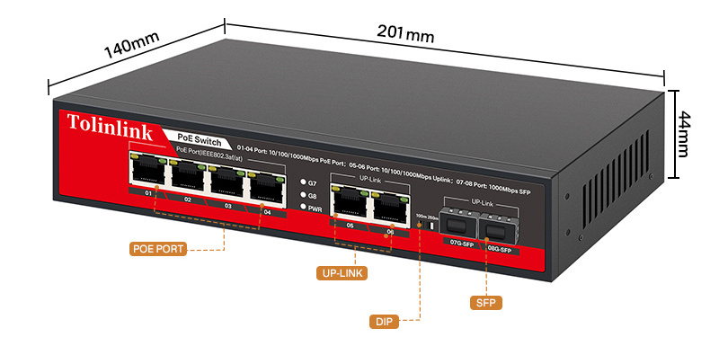 Tolinlink PoE 8 Port PoE+1*Gigabit Uplink Port+1 SFP Port 1*Gigabit Uplink +1 SFP Port 1000M Unmanaged Poe switch