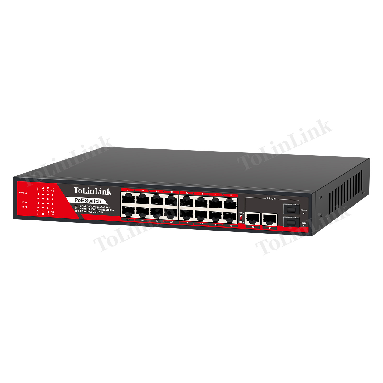 Tolinlink All Gigabit 16 10/100/1000Mbps PoE Ports 2 GE RJ45 Uplink 1 GE SFP Slot Switch PoE for CCTV PoE Ethernet Switch