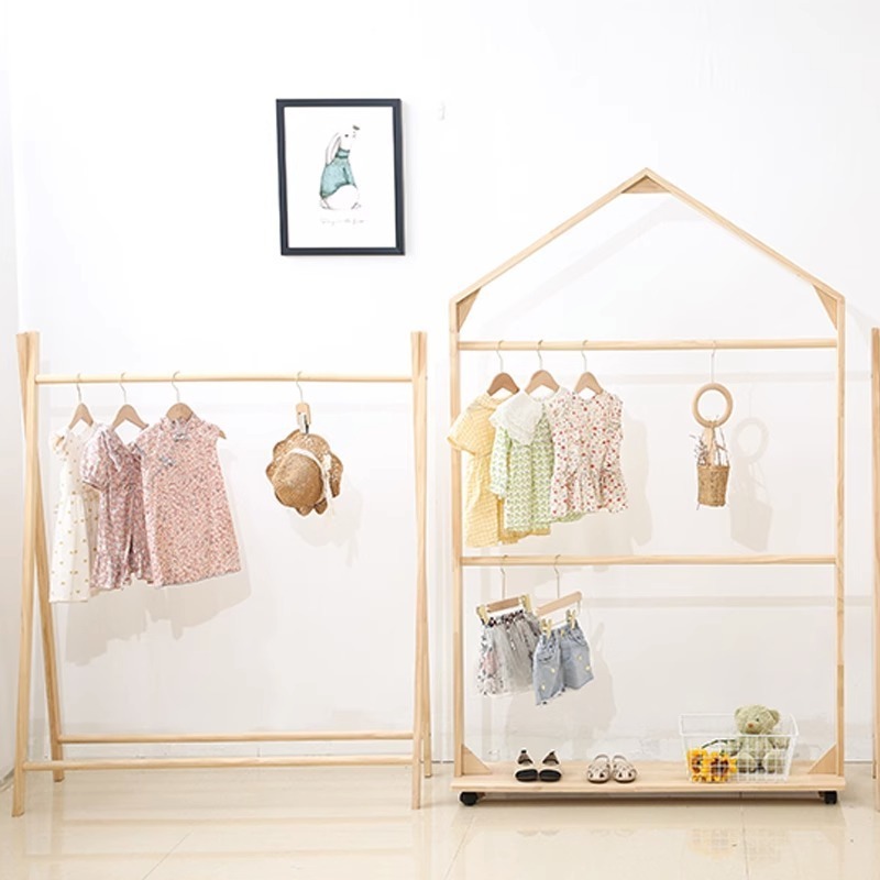 Kids Wooden Coat Rack Bedroom Kids Garment Hanger Rack Stand baby Cloth Drying Rack