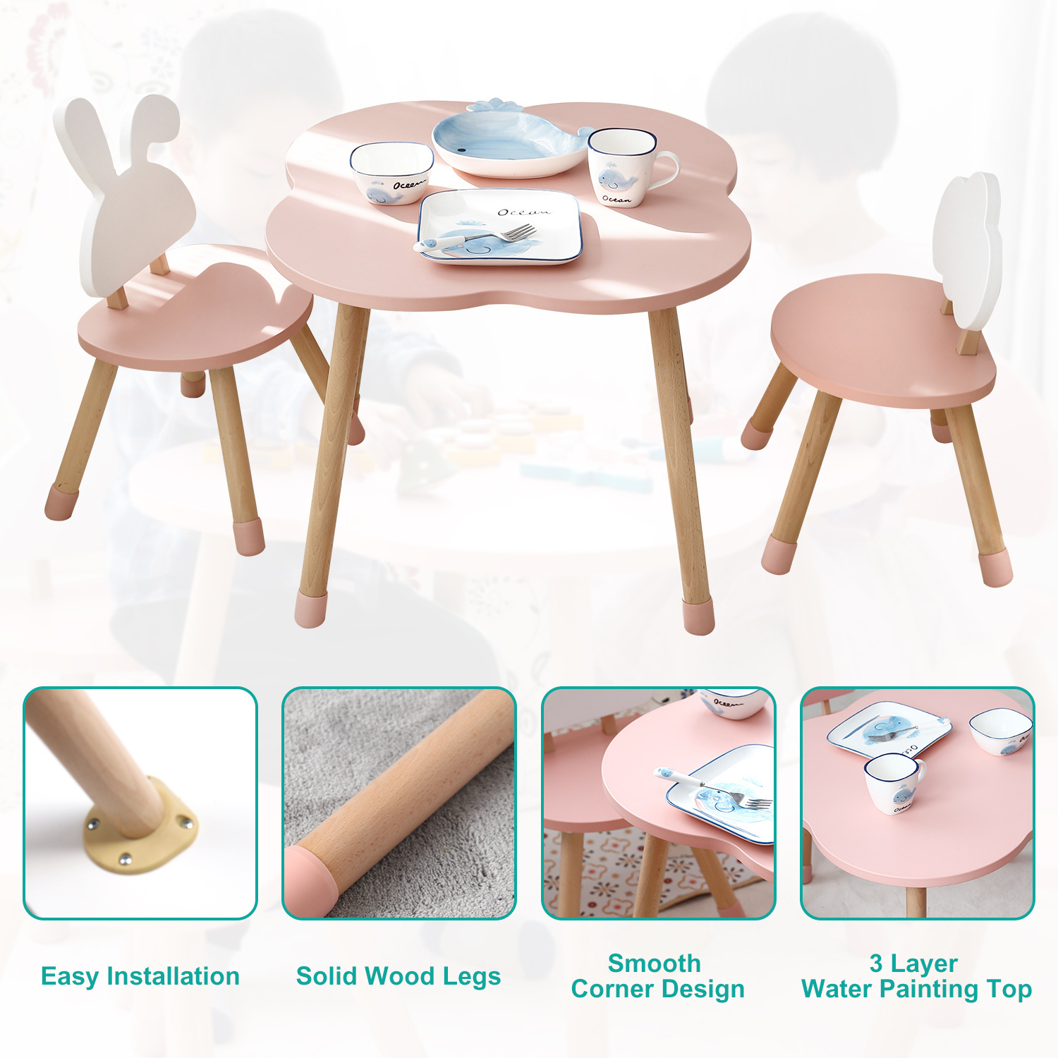 Nursery Montessori Kids Children Room Table Wood Animal Furniture Girls Study Desk Toddler Table and Chair Set for Kids