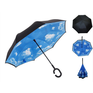 Logo Customized Inverted Umbrella, Double Layer With C Shape Handle Reverse Umbrella/