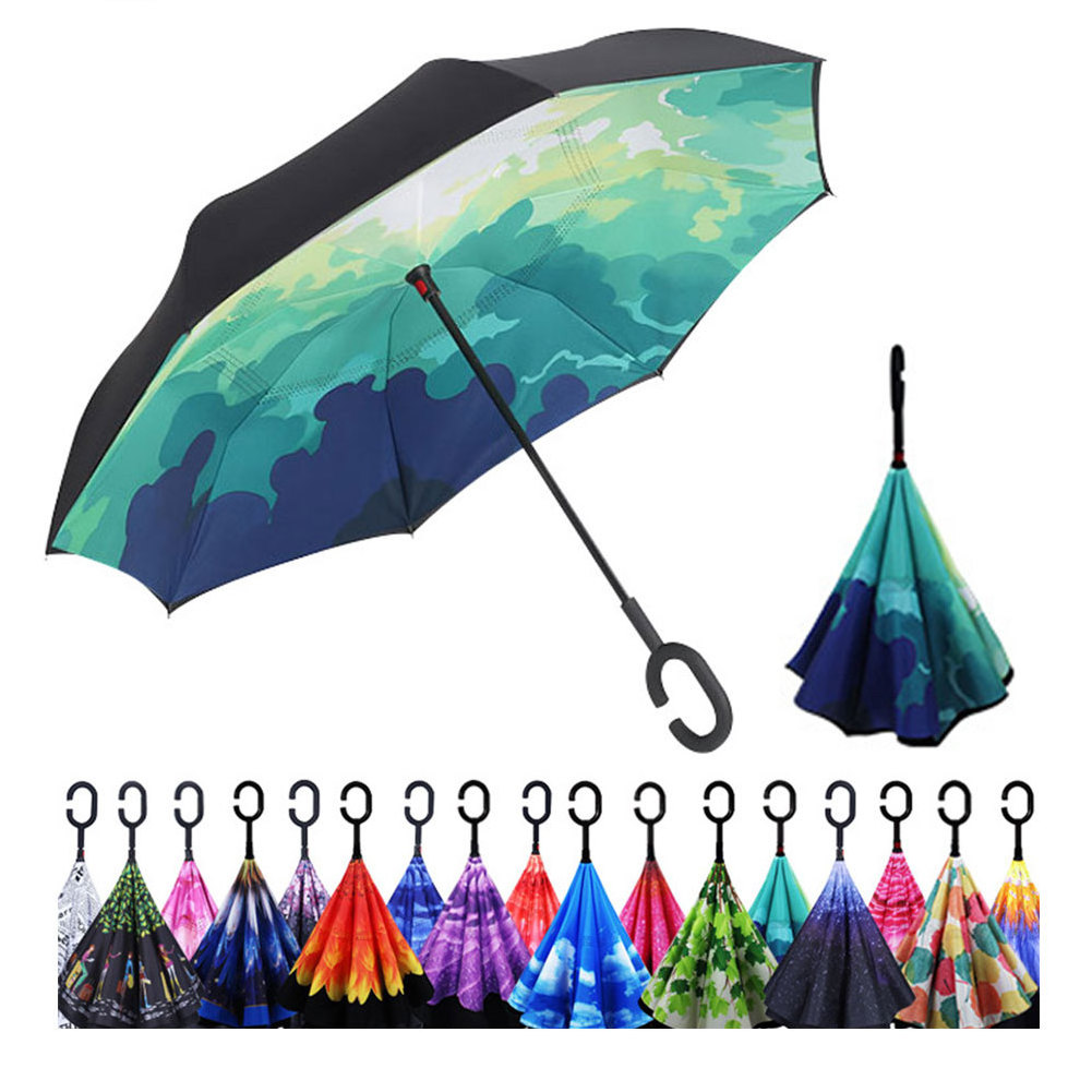 Logo Customized Inverted Umbrella, Double Layer With C Shape Handle Reverse Umbrella/