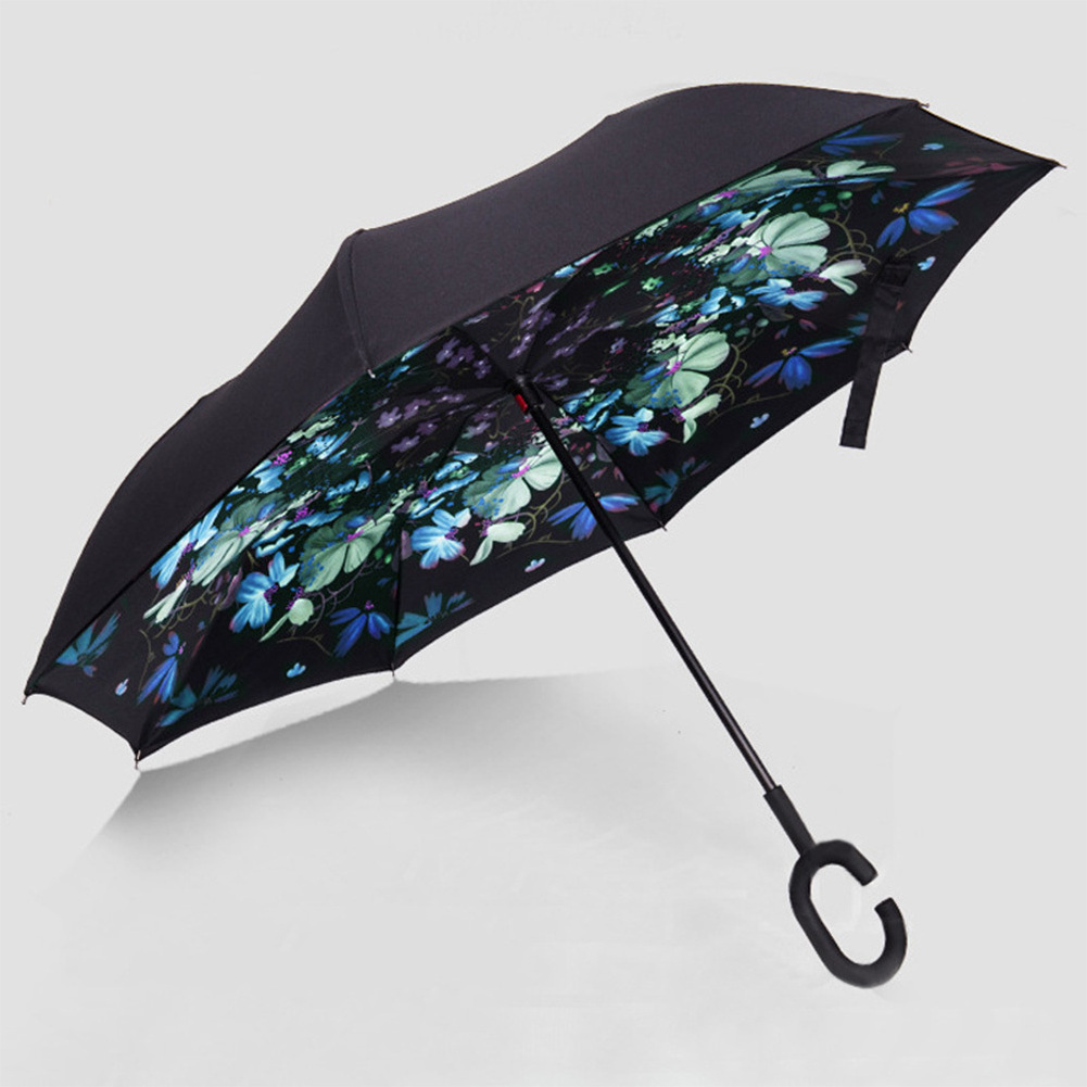 Promotional Umbrella C-shaped Handle, Windproof Reverse Double Layer Upside Down Inverted Umbrella With C-shaped Handle/