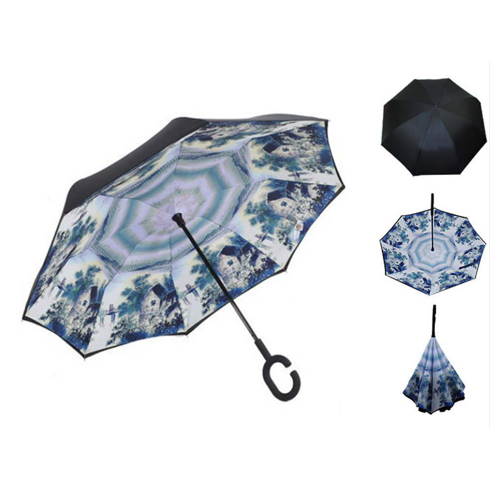 Promotional Umbrella C-shaped Handle, Windproof Reverse Double Layer Upside Down Inverted Umbrella With C-shaped Handle/