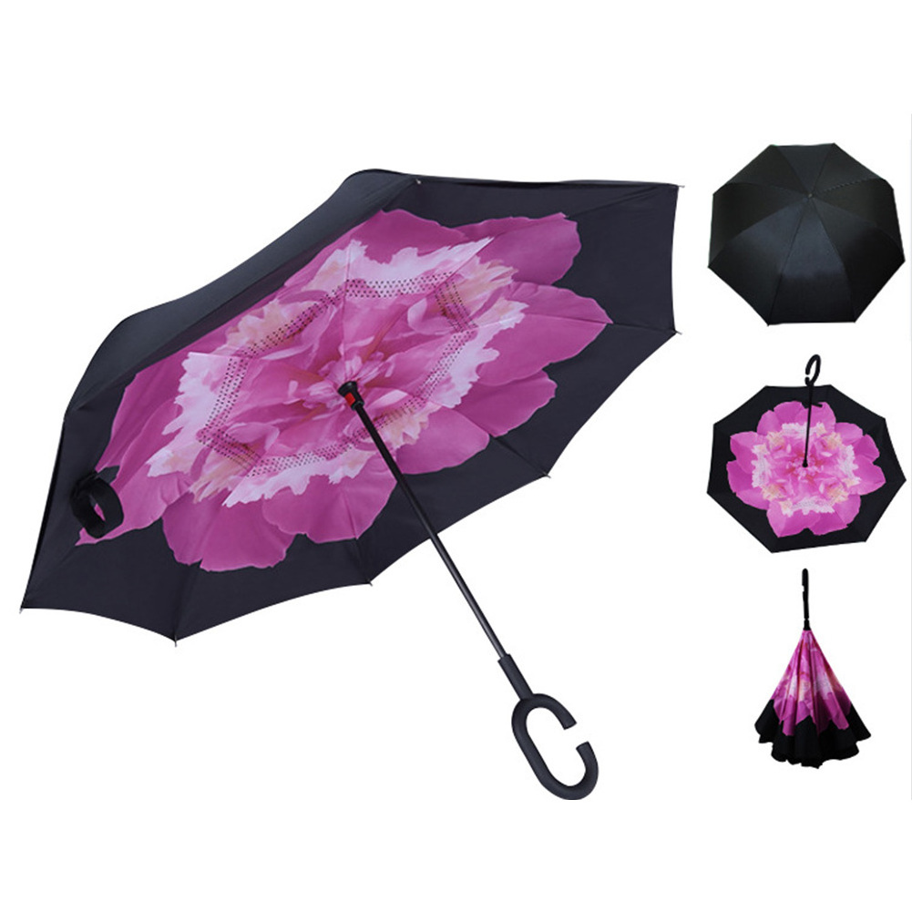 Promotional Umbrella C-shaped Handle, Windproof Reverse Double Layer Upside Down Inverted Umbrella With C-shaped Handle/