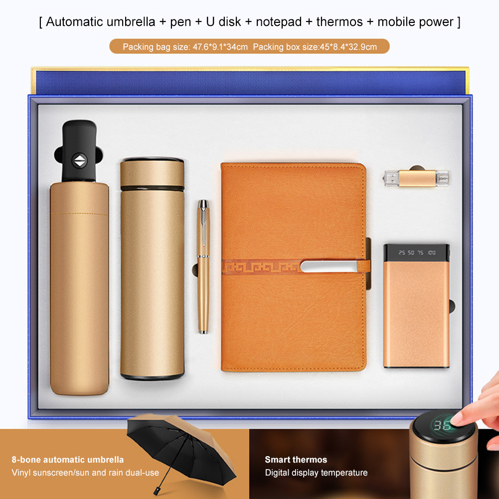 Umbrella + Vacuum Flask+, A5 Notebook + Speaker + Power Bank Smart Business Gift Smart Gift Combination/