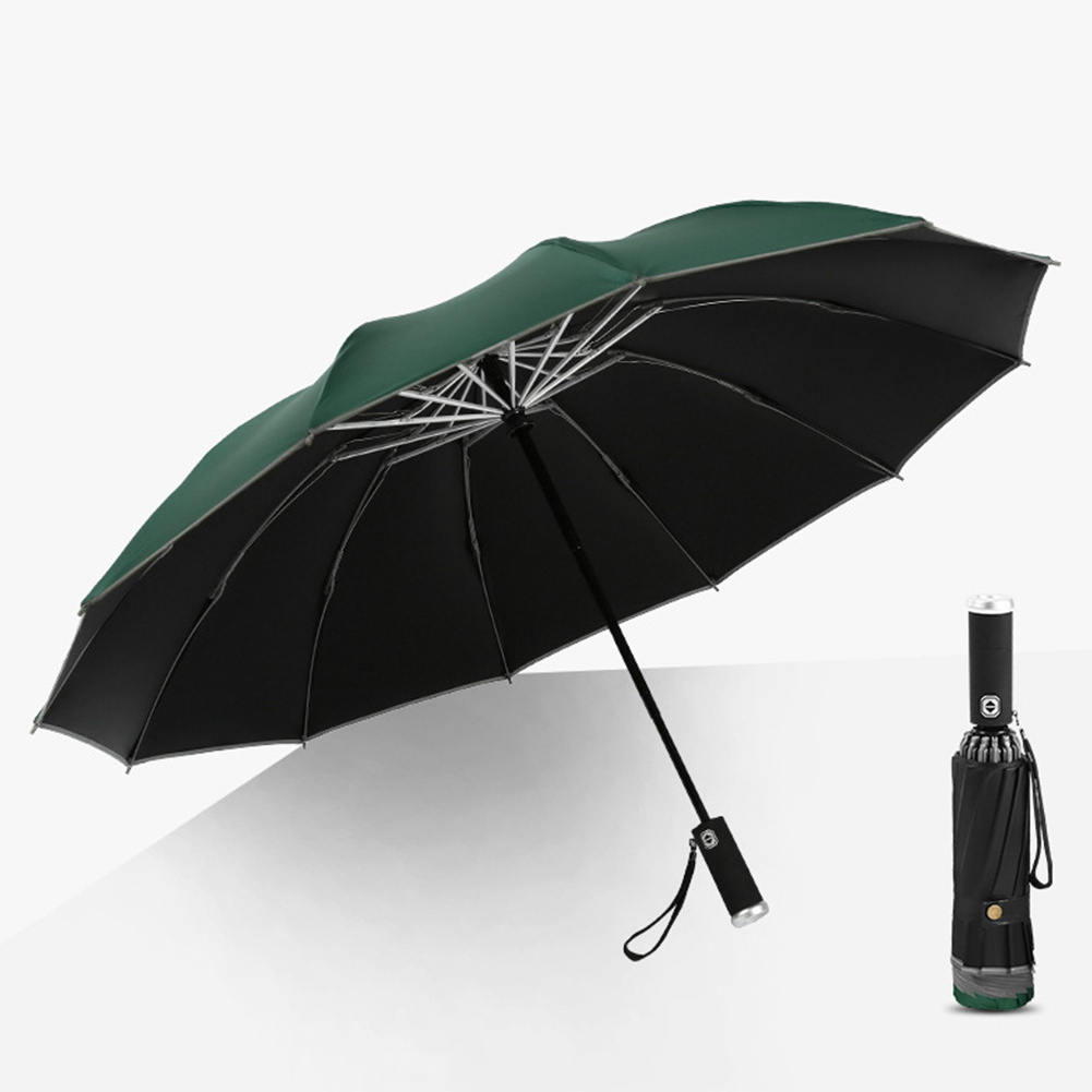 Three Fold Button Innovative Solar Umbrella With Reflective Strip To Automatic Open And Close Led Light Reverse Rain Umbrella