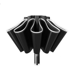 Three Fold Button Innovative Solar Umbrella With Reflective Strip To Automatic Open And Close Led Light Reverse Rain Umbrella