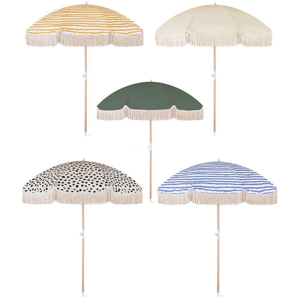 Customized Supplier Cheap Wooden White Garden Outdoor Beach Umbrella With Tassels