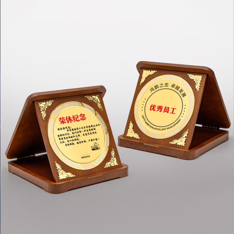 High Quality Custom Commemorative, Medal Blank Award Inlaid Gold And Silver Award Wooden Bracket Business Award Plaque With Box/