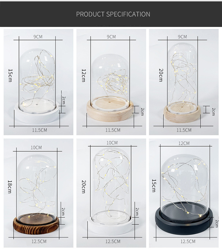 High Inquiry Glass Dome Led Display Wood Base Dome Glass Jars Flower Glass Dome With Led Lights