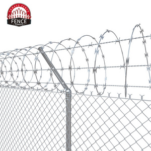 Commercial Chain Link Fence With Barbed Wire Extensions Razor Wire On The Top