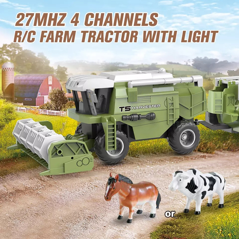 RC Tractor Trailer 27mhz 4 Channels Easy to Install Remote Control Farm Tractor Harvester Toys Included USB Charger