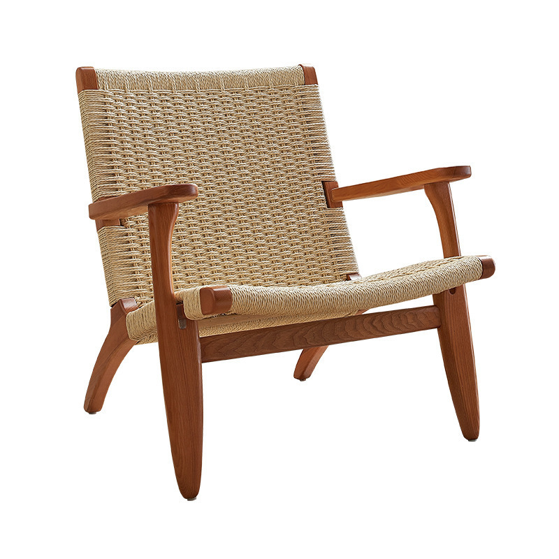 Japandi style outdoor balcony solid wood lounge chair rope woven back sofa reading chair