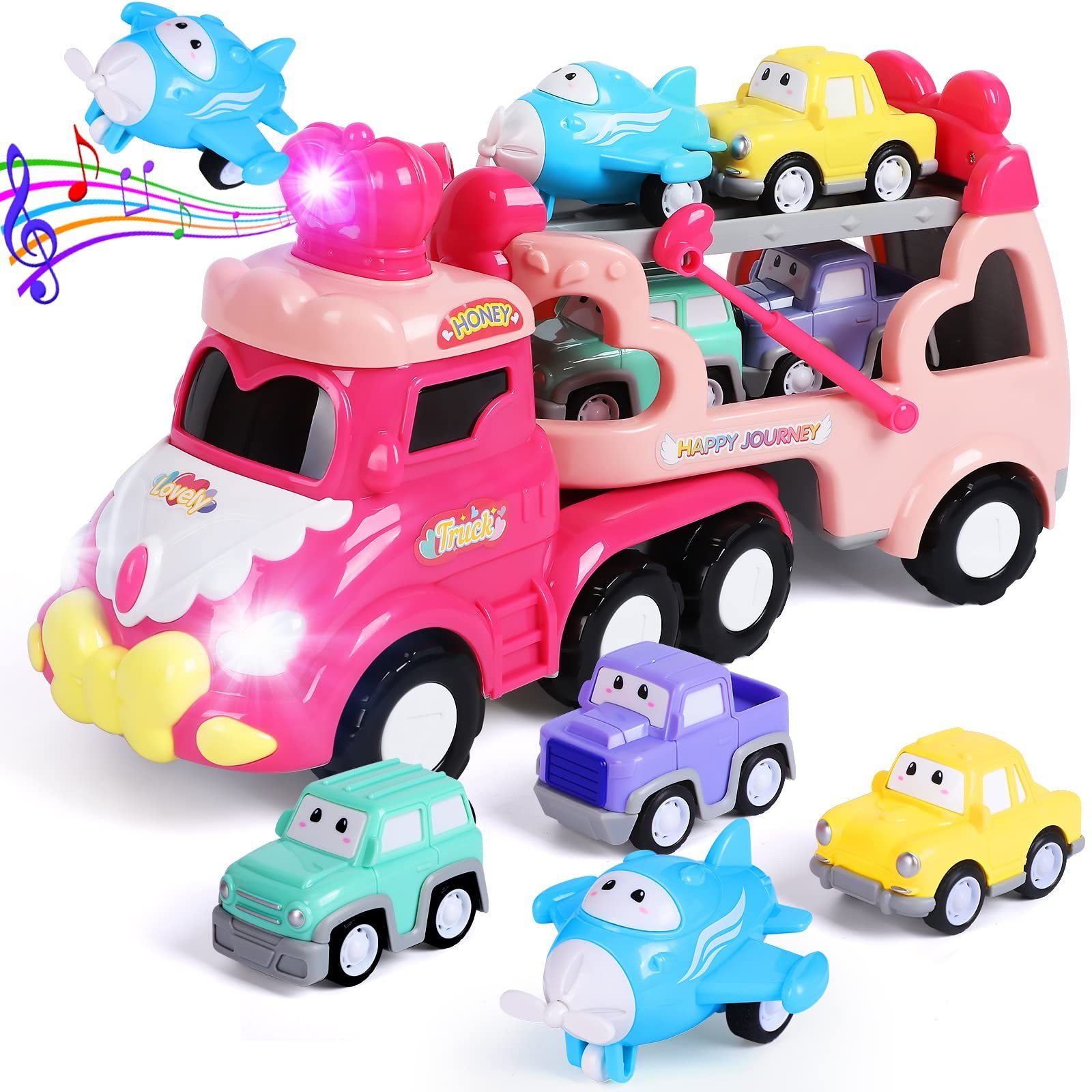 Toy Cartoon Carrier Cars for Girls 5 in 1 Transport Toy Trucks Vehicles Pink Princess Toy Car with Lights and Sounds Christmas