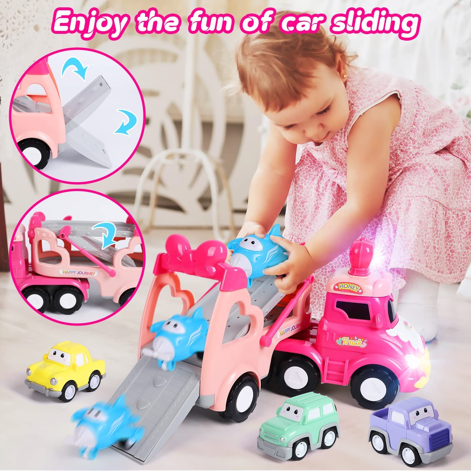 Toy Cartoon Carrier Cars for Girls 5 in 1 Transport Toy Trucks Vehicles Pink Princess Toy Car with Lights and Sounds Christmas