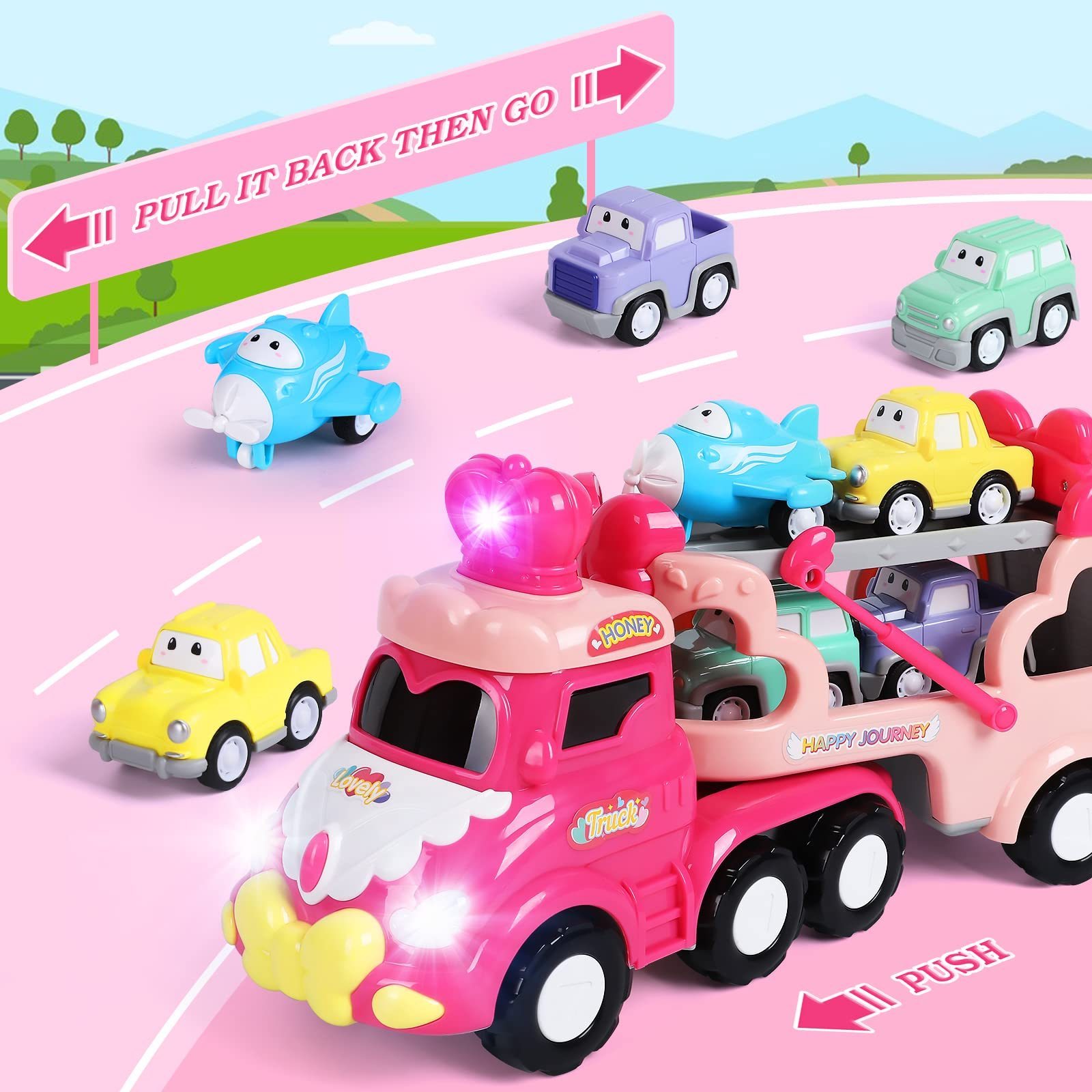 Toy Cartoon Carrier Cars for Girls 5 in 1 Transport Toy Trucks Vehicles Pink Princess Toy Car with Lights and Sounds Christmas