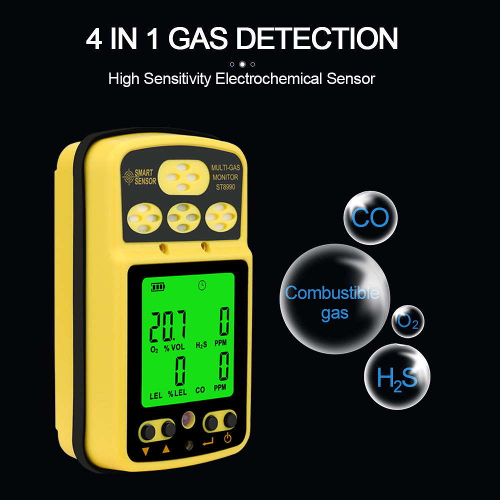 SMART SENSOR Gas Monitor 4 in 1 O2 LEL CO H2S Gas Detector Rechargeable Alarm Gas Analyzer with Backlight Alarm Function ST8990