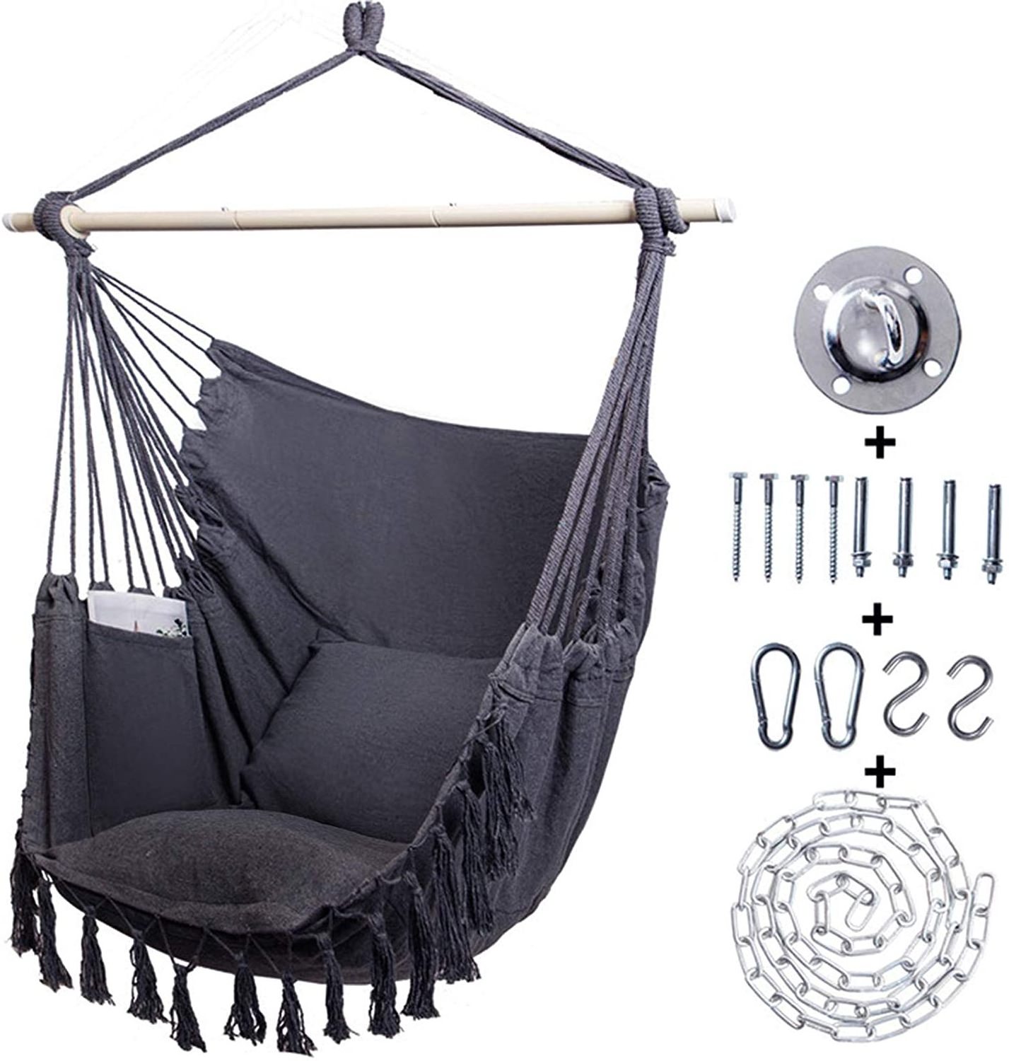 Hanging Cotton Rope Tassel Leisure Relaxation Hammock Chair Swing Seat Included 2 Seat Cushions for Indoor or Outdoor