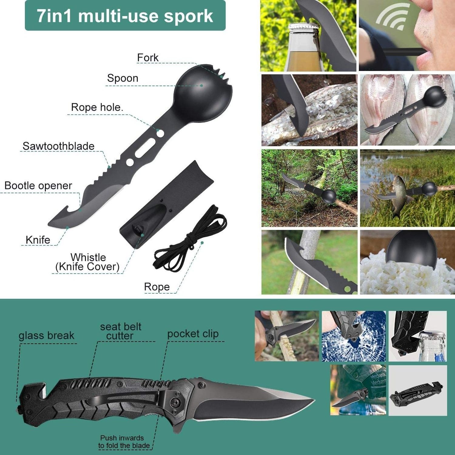 Survival Gear and Equipment 34 in 1 for Fishing Hunting ,Cool Top Gadgets, Survival Kit Emergency Camping